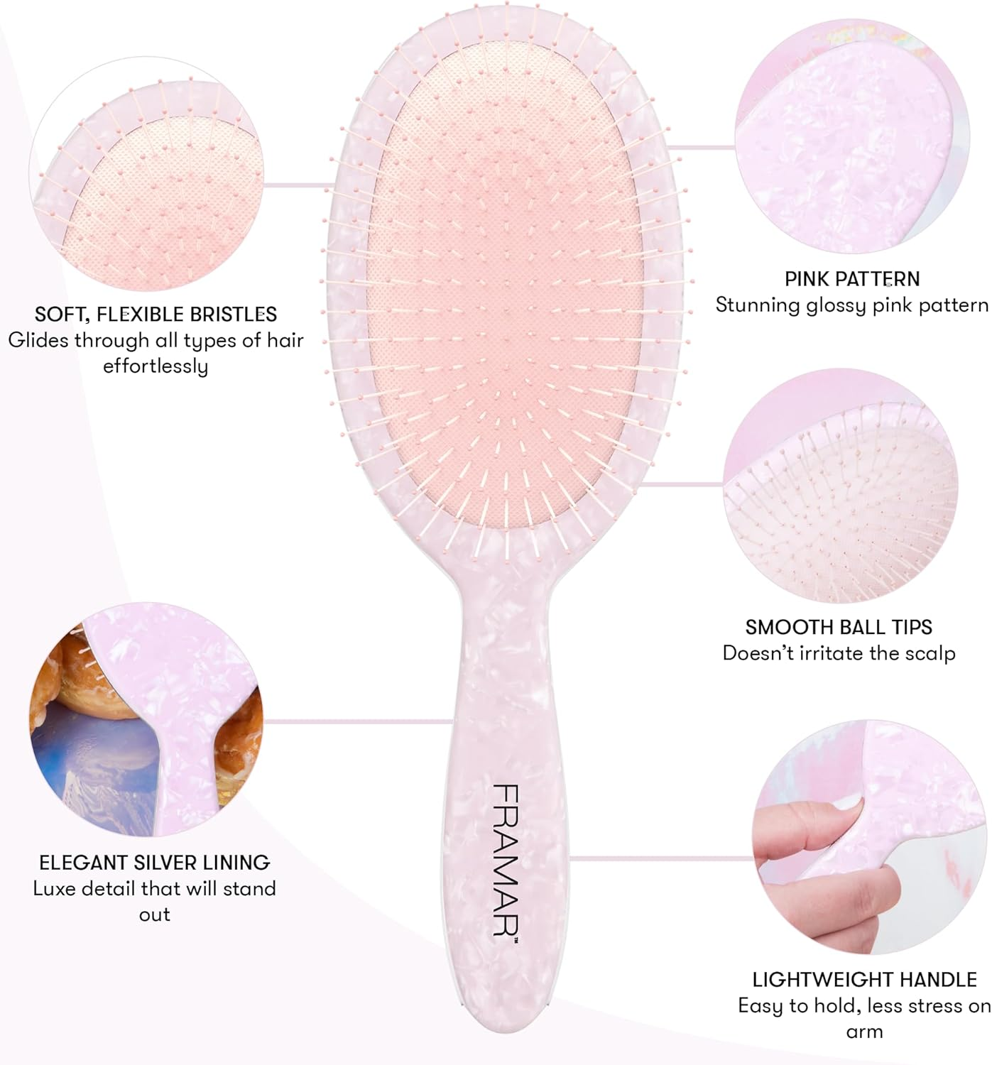 FRAMAR Iridescent Wet Hair Brush Detangler &ndash; Detangle Brush for Curly Hair, Hair Detangler Brush for Kids, Holographic Girls Hair Brush, Pink Hairbrush for Women &ndash; Removes Knots without Pulling image number 4