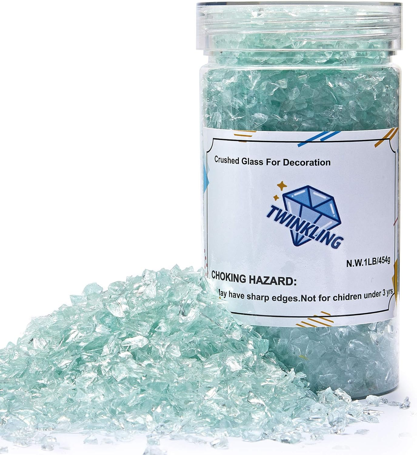 TWINKLING High Luster Fire Glass Gravel Stone Glitter,Broken Glass,Fire Gems Chips,Crushed Glass for Fire Pit Crafts Resin Art Aquarium Garden Decoration,3-6Mm,1-Pound Jar (Crystal/Transparent)
