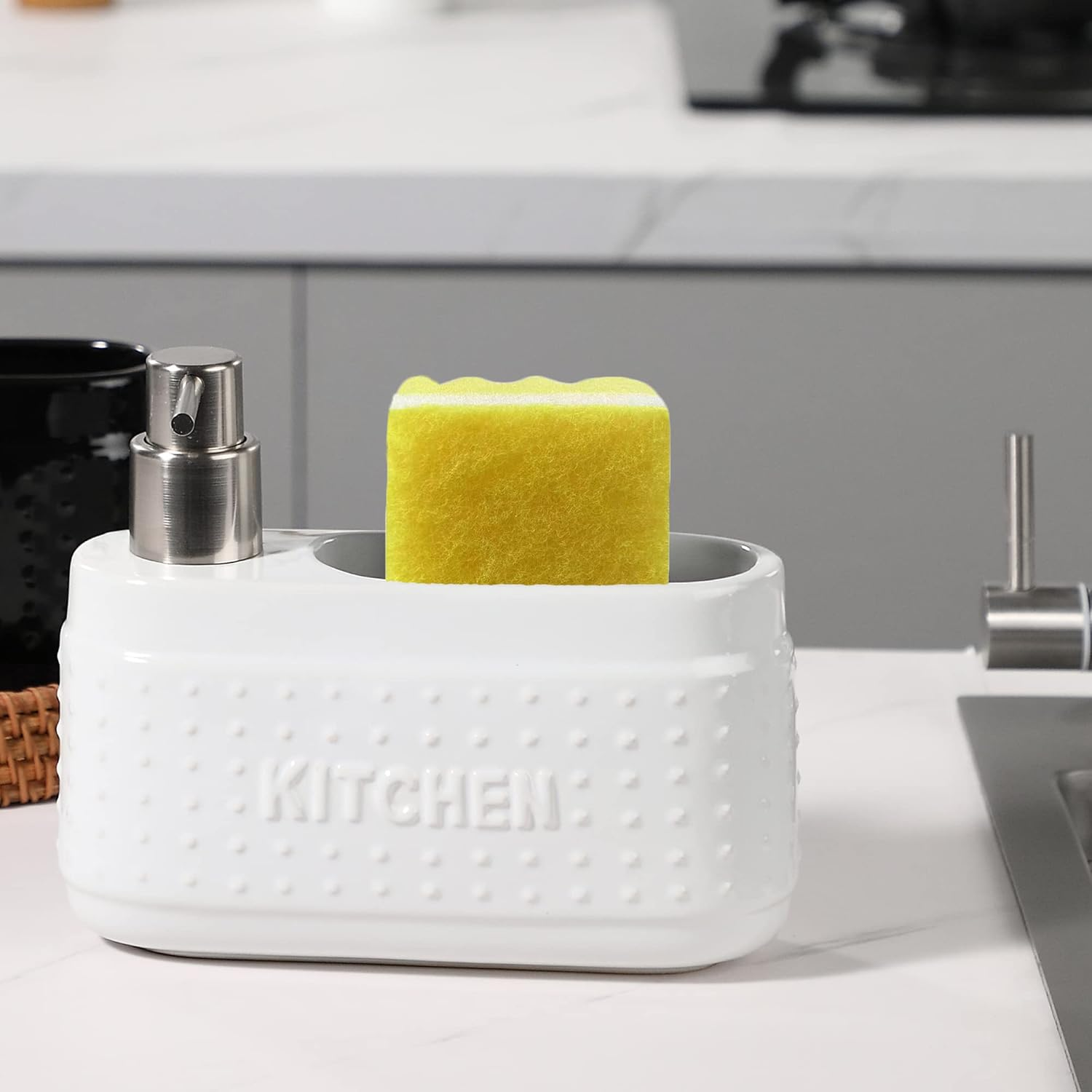 White Dish Detergent Dispenser for Kitchen Sink.Ceramic Dishwashing Liquid Dispenser with Sponge Holder -580Ml Large Capacity - Black image number 2