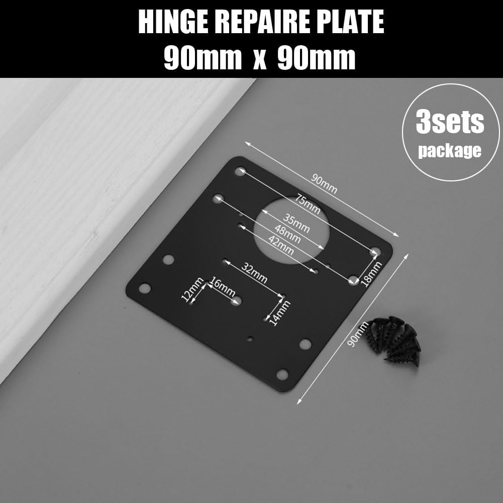 3PCS Stainless Steel Cabinet Door Hinge Repair Plate Furniture Cabinet Door Hinge Fixed Installation Hinge Hole Repair Artifact with Screws (Black) image number 1