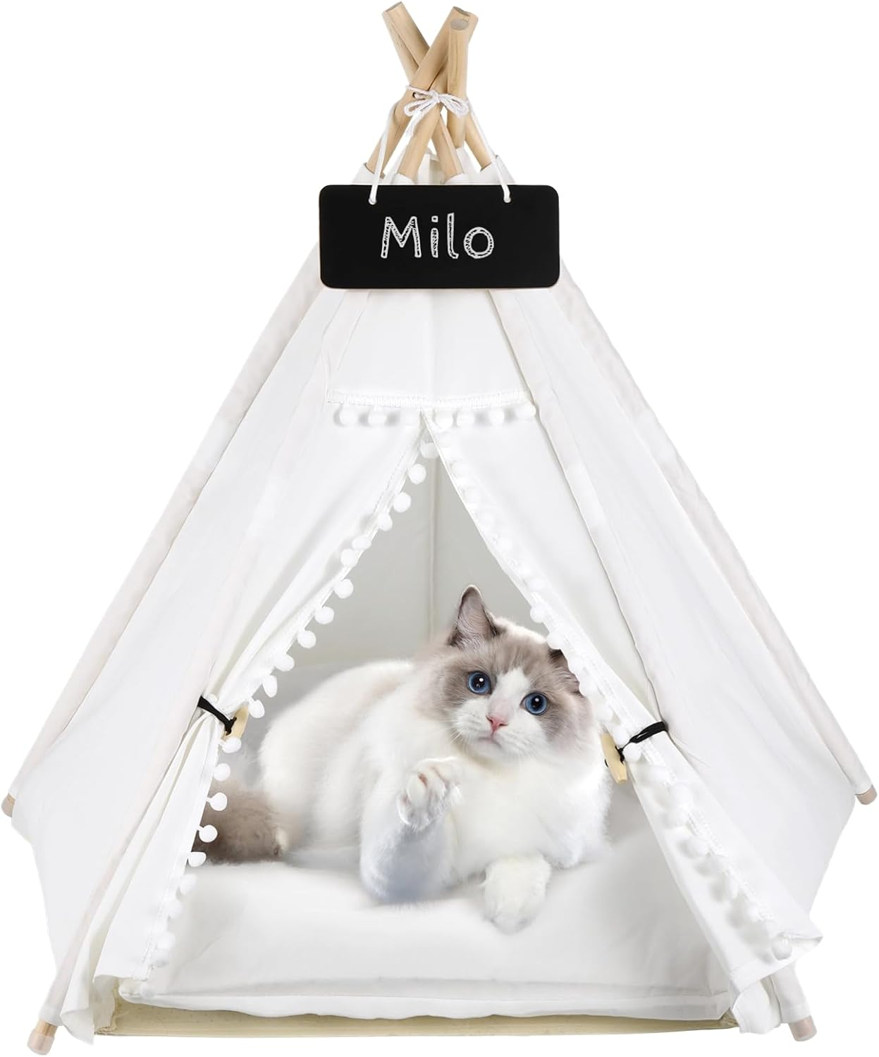 Pet Teepee for Cats Dogs - 20 X20 X 24In Cat Teepee with Thick Cushion for Cats Dogs Rabbits, Washable Dog Tent with Blackboard, Indoor Pet House for Puppies, White image number 2