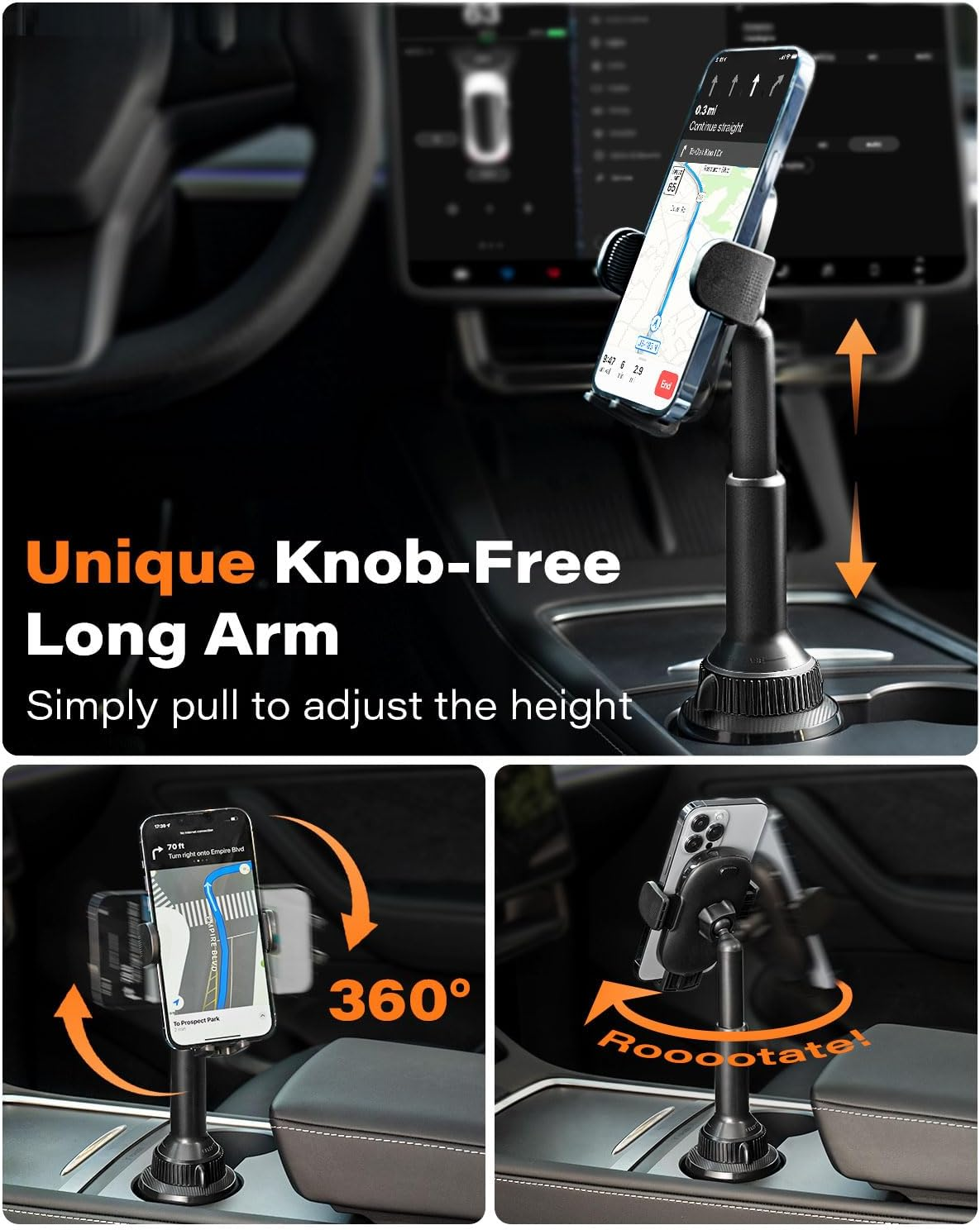 Apps2Car Universal Car Cup Phone Holder | Quick Extension Long Arm | 360&deg; Swivel | Adjustable for Iphone, Samsung, Google, and All Smartphones | Stable & No Shake Design image number 3
