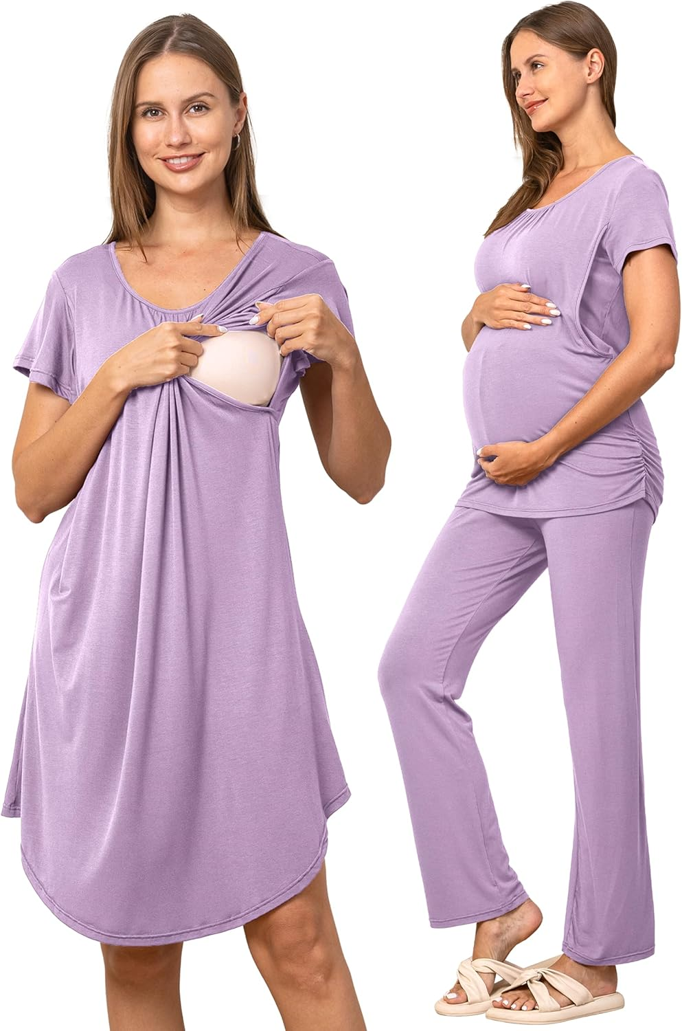 SUNNYBUY Women 3 PCS Maternity Nursing Nightgown Dress & Short Sleeve Breastfeeding Top & Pregnancy Pants Sleepwear Set
