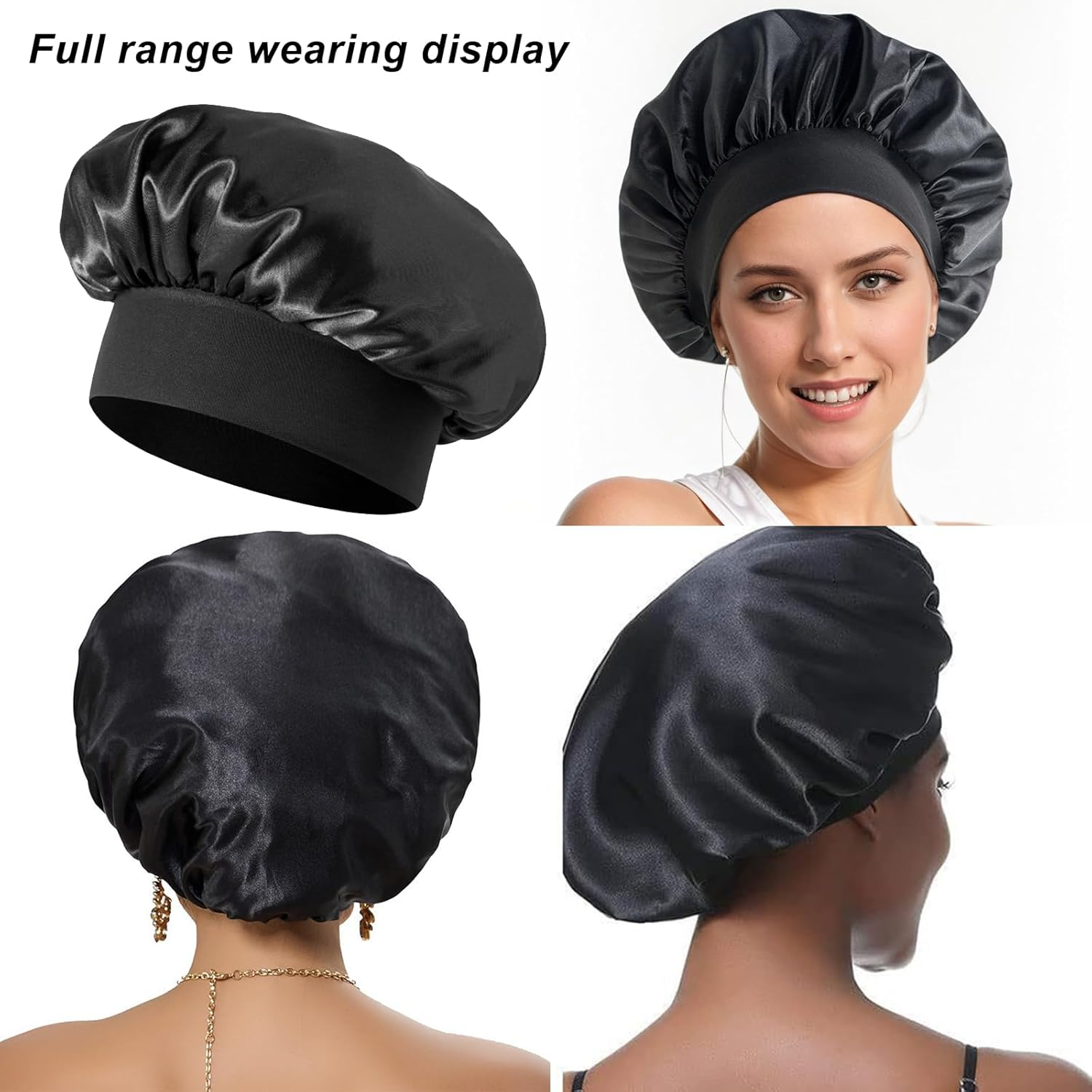 Wesoke 2Pcs Satin Bonnet Silk Bonnets for Sleeping, Women Hair Bonnet for Curly Hair Braids, Large Sleep Cap Reusable Bath Shower Cap for Woman Men (Black) image number 1