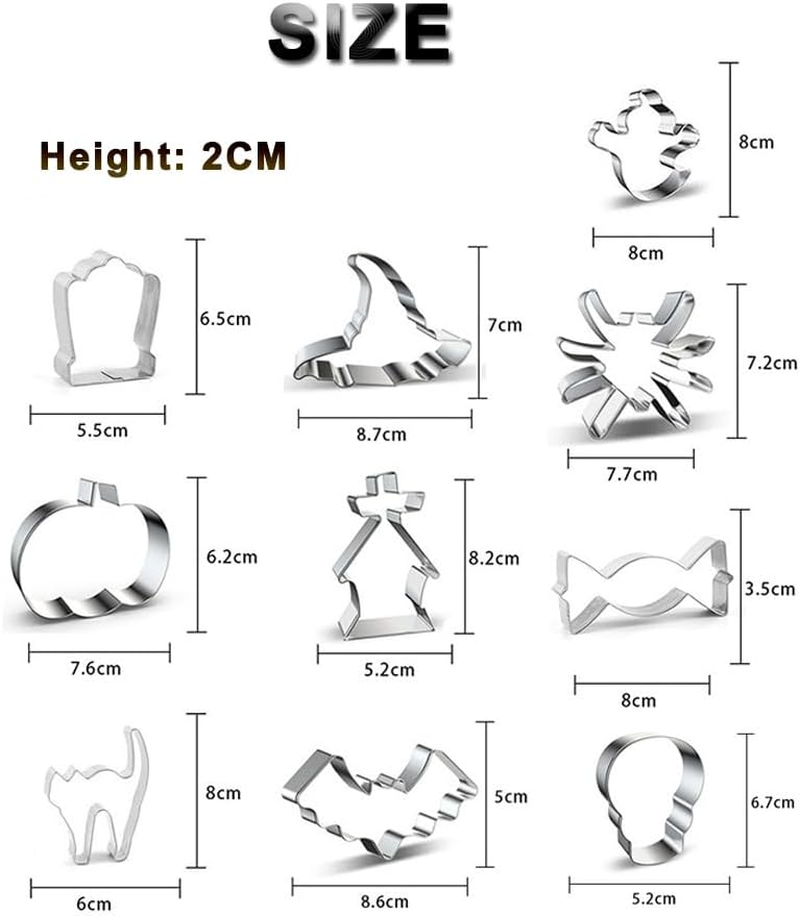 Halloween Stainless Steel Cookie Cutters Set, 10 Piece Metal Cookie Cutters, Halloween Themed Biscuits Cutter Shapes of Pumpkin, Ghosts, Bat, Black Cat, Skull, Spider image number 2