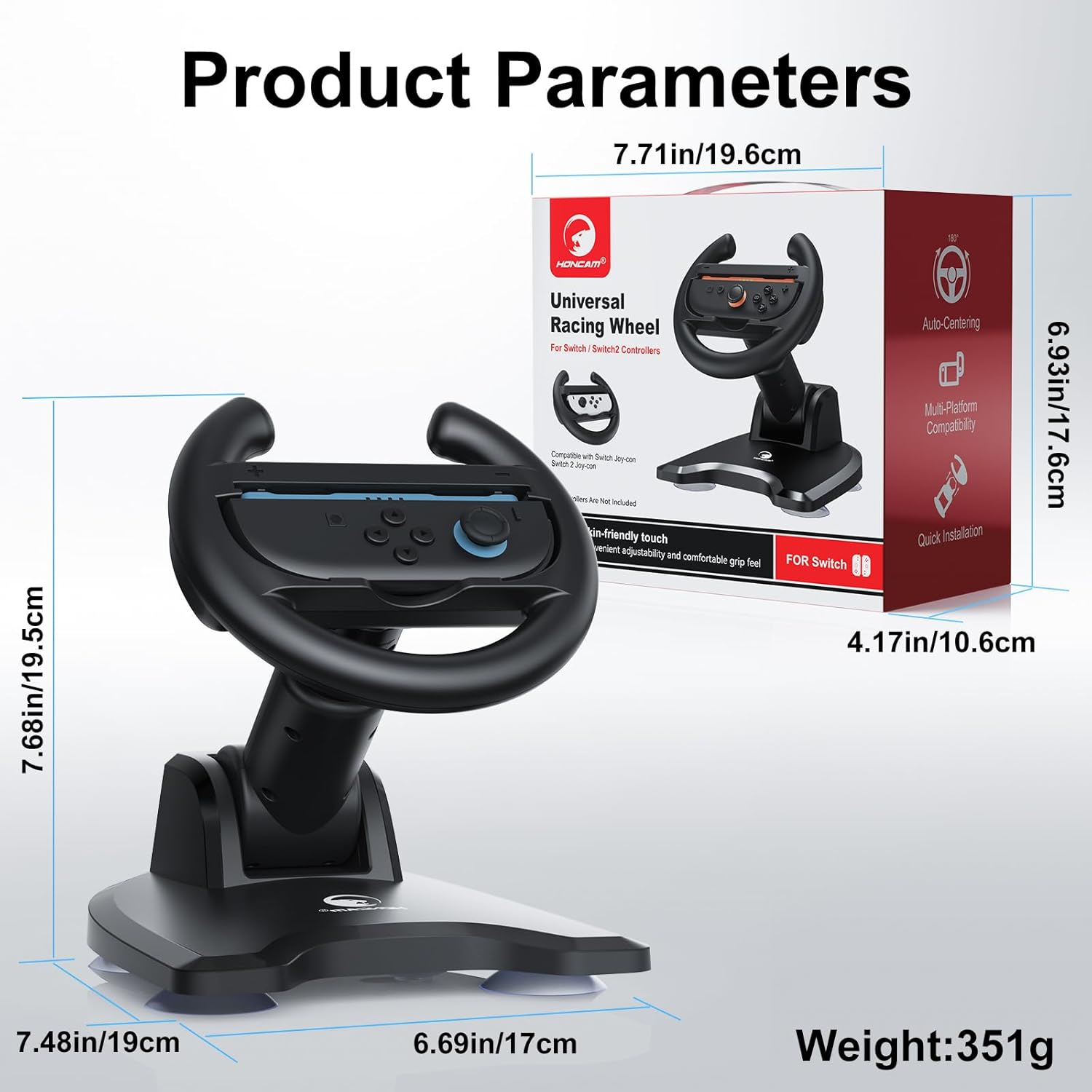 HONCAM Steering Wheel for Nintendo Switch/Switch 2, Racing Wheel Table Attachment with 4 Suction Cup for Joycons, Enhanced Stability for Immersive Racing Games, Black image number 5