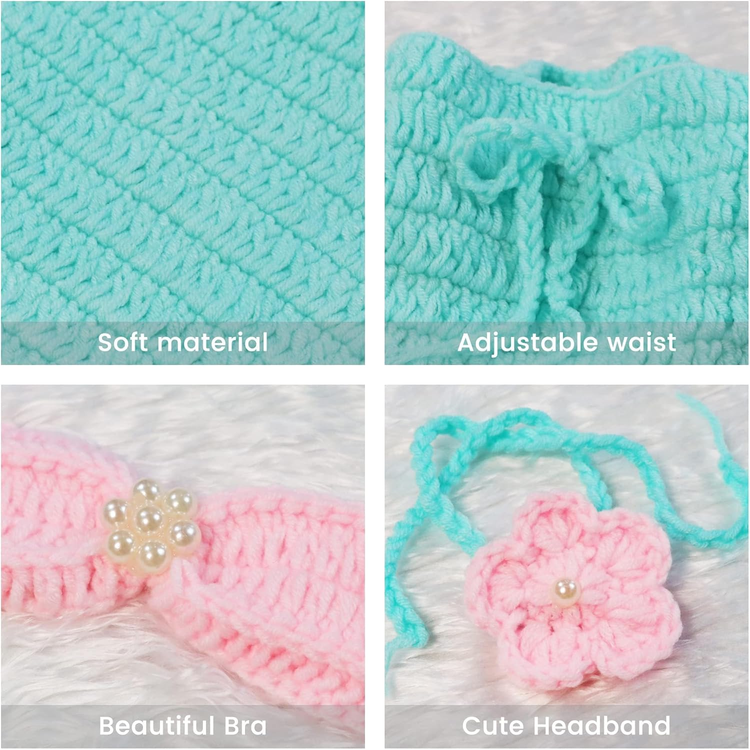 House Mermaid Costume Set-Handmade Crochet Photo Prop Includes Headband, Bra, Tail for Newborn Photography (Aquamarine) image number 4