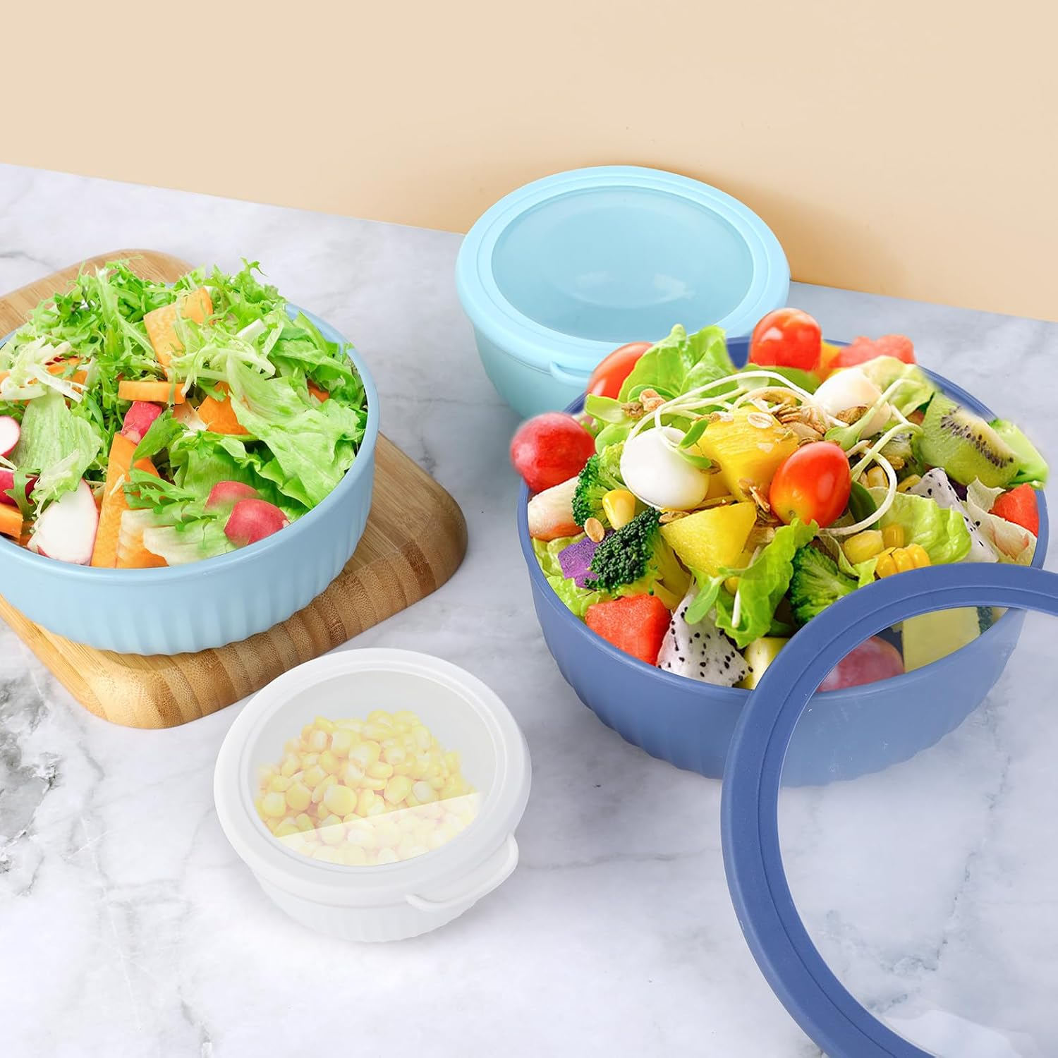 VINATO Salad Bowl with Lid, Set of 4, 0.4L/0.78L/1.4L/2.2L, Bpa-Free, Made of TPE + PP for Kitchen, Camping, Microwave, Dishwasher & Fridge Safe, Bowl with Lid, Salad Bowls