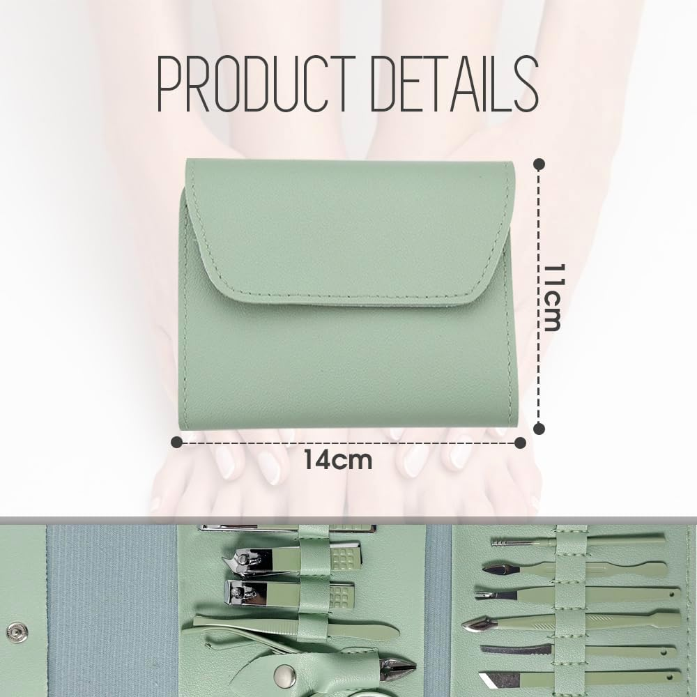 Manicure Set Professional Nail Clippers Pedicure Kit 16Pcs, Portable Stainless Steel Nail Kit Nail Clipper Set Manicure Set, Pedicure Kit Grooming Kit with Brown Leather Case for Men Women (Green) image number 4