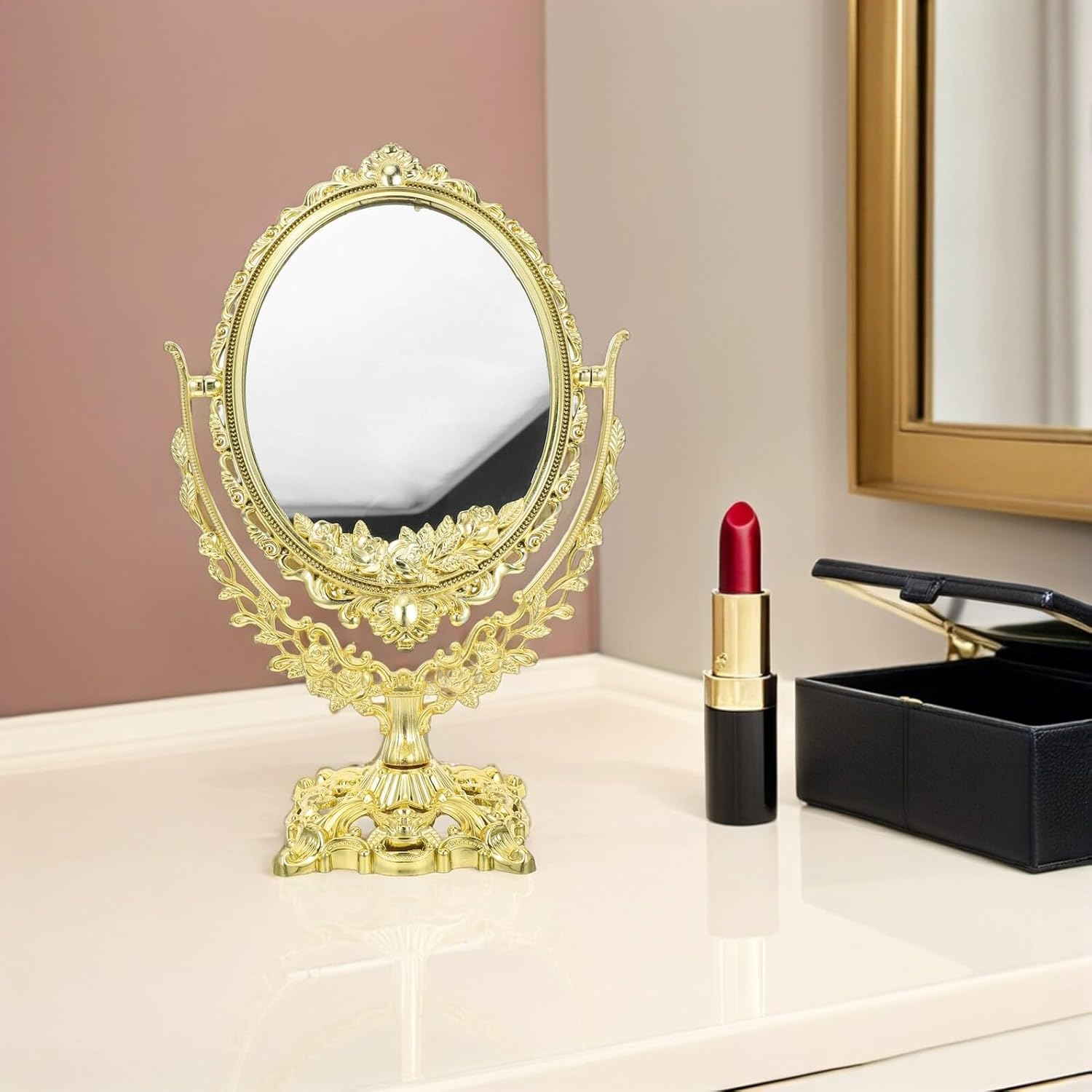 Happyyami Vintage Double-Sided Makeup Vanity Mirror 360&deg; Swivel Rotating Oval Desktop Cosmetic Mirror for Dressing Table and Bathroom Use image number 1
