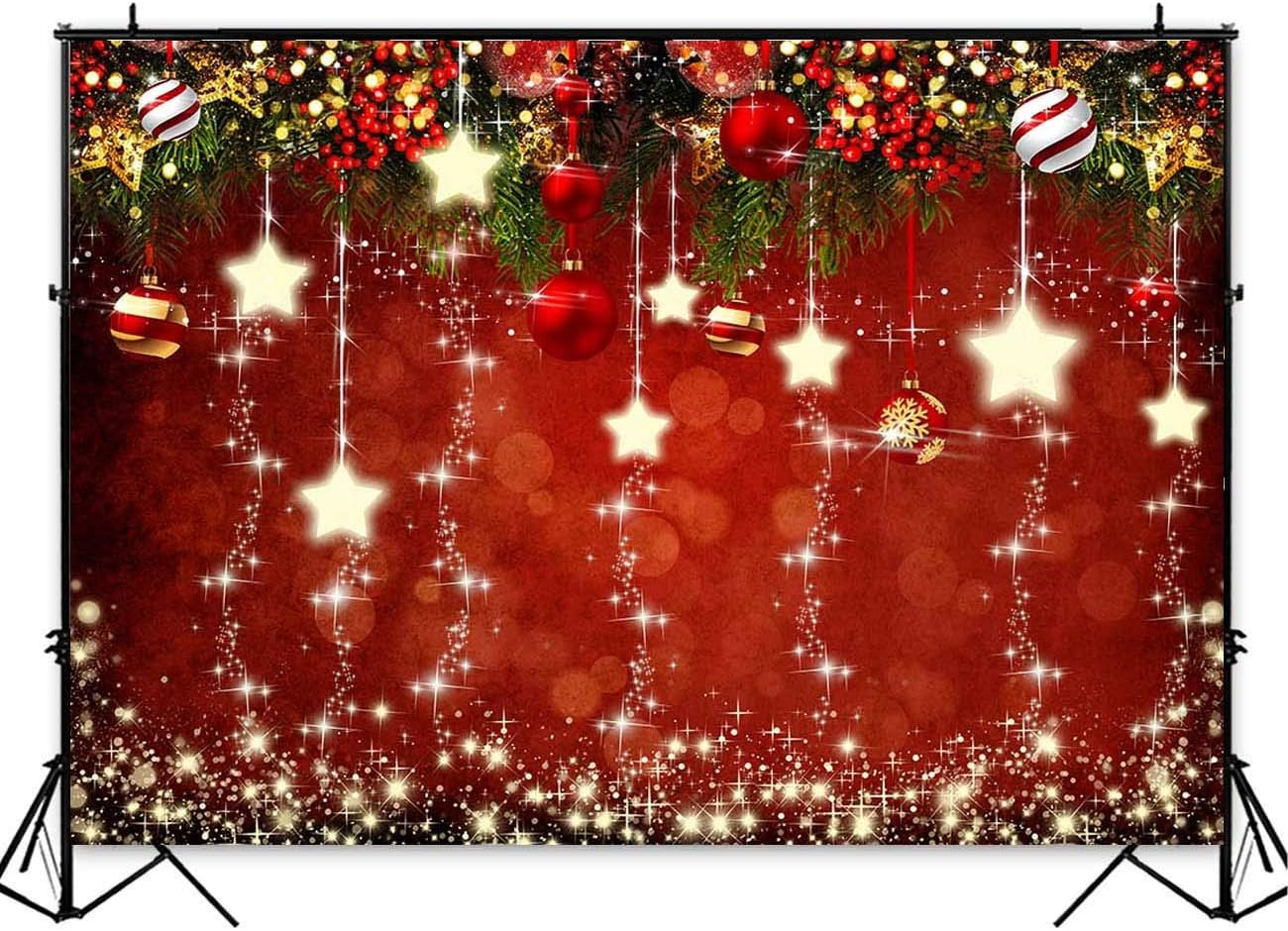 Red Christmas Theme Sparkling Photography Backdrops Snowflake Xmas Ball 5X3Ft Happy New Year Family Party Decoration Photo Star Background Kids Newborn Portrait Photo Booth Studio Props Banner