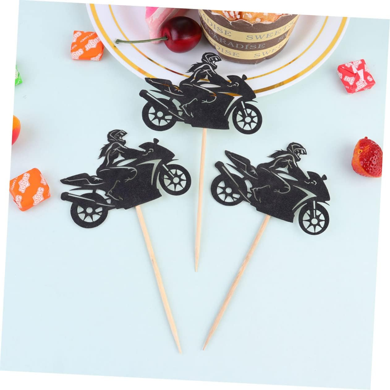 Ciieeo 40Pcs Motorcycle Cupcake Toppers Racing Cake Decor Birthday Party Dessert Black Sports Racing Cupcake
