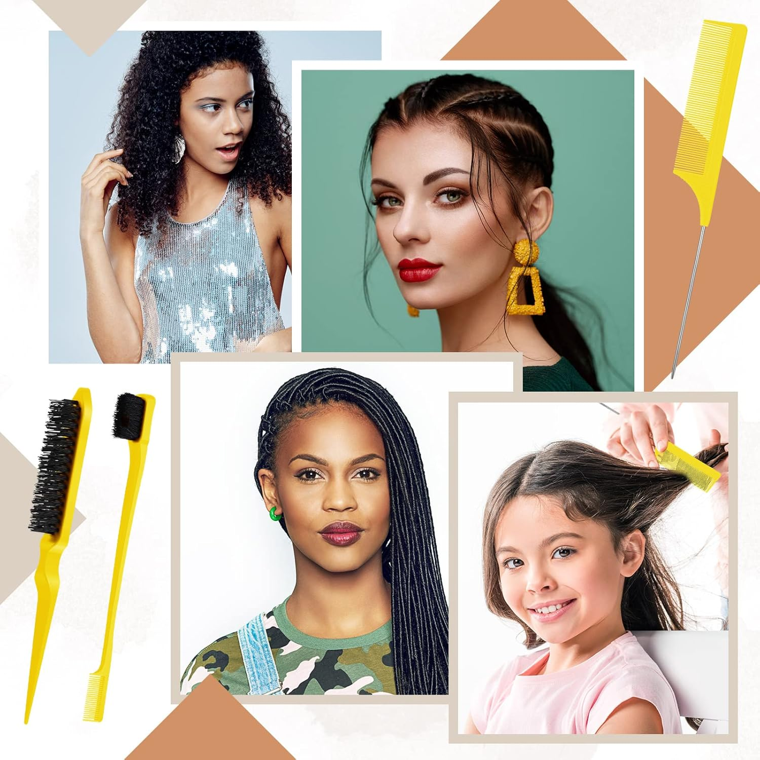 Edges Brush, Pack of 3 Sleek Bun Brush for Sleek Braid, Witbicg Teasing Brush Hair Brush Bristle Comb Baby Hair Brush Touping Brush Baby Hair Suitable for Hairdresser Lady Baby Child (Yellow) - Pink image number 6