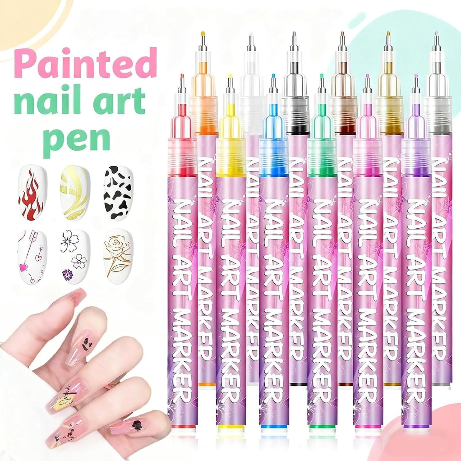 12 Colors Nail Art Pens Set, Nail Art Markers Polish Pen for 3D Nail Art, Drawing Painting Liner Brush for DIY Nail Art Beauty Adorn Manicure Tools image number 5