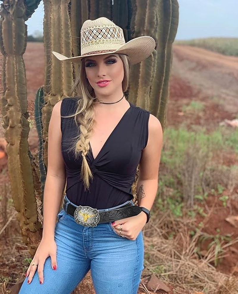 Western Leather Cowboy Belt for Men and Women - Engraved Floral Longhorn Bull Buckle for Jeans image number 2