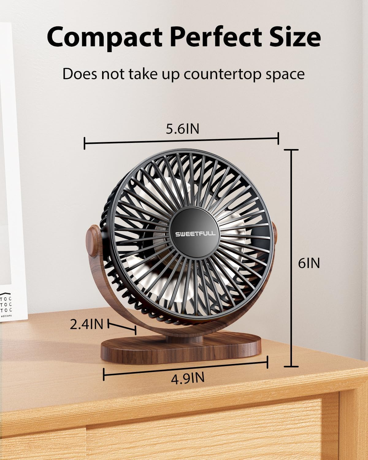 SWEETFULL Desk Fan, Small USB Fan Quiet, 3 Speed Portable Table Fan, 360&deg; Adjustable Personal Desktop Fan with Wood-Pattern for Bedroom Office, Summer Gifts for Friends and Family, Black - Black image number 4
