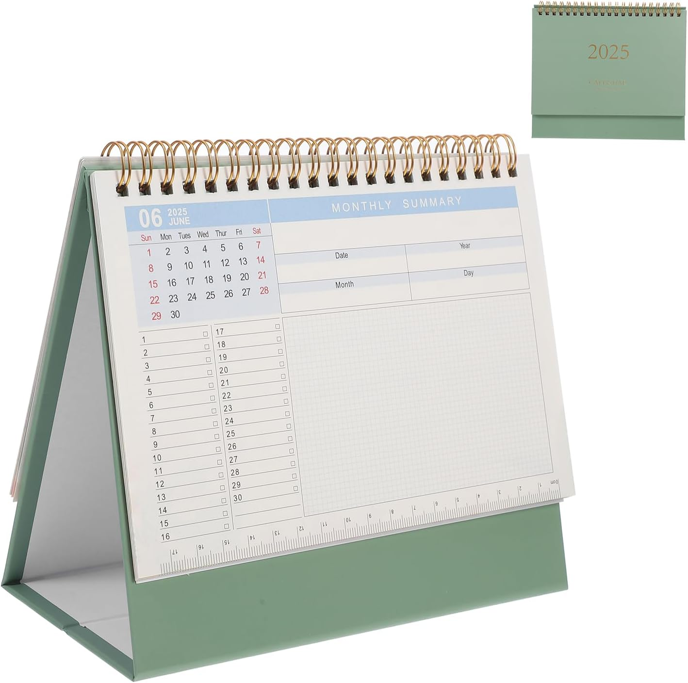 Tofficu Desk Calendar 2025 Green Paper Flip Calendar with Decorative Stickers Desk Stand Small Calendar Cute Desk Decor Aesthetic Chinese Lunar Year Monthly Planner Calendar for Office Home image number 3