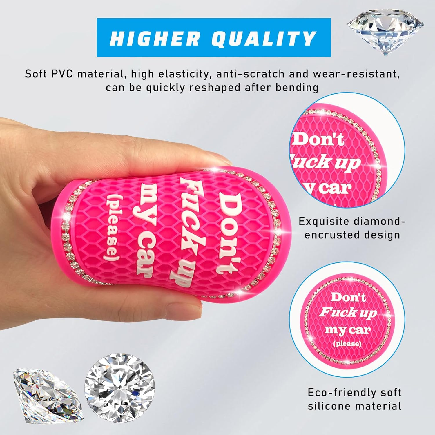 4 PCS Bling Car Cup Coaster, 2.75 Inch Anti-Slip Cup Holder Insert Coasters, Universal Crystal Rhinestone Auto Drink Car Cup Mat, Interior Car Accessories for Women Girls (Rose Red) - Black image number 5