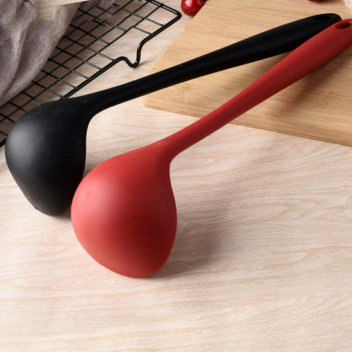 Silicone Ladle Soup Spoon Set of 2, Nonstick Heat Resistant Long Handle Unbreakable Big round Scoop for Home Kitchen Cooking,Red and Black image number 2