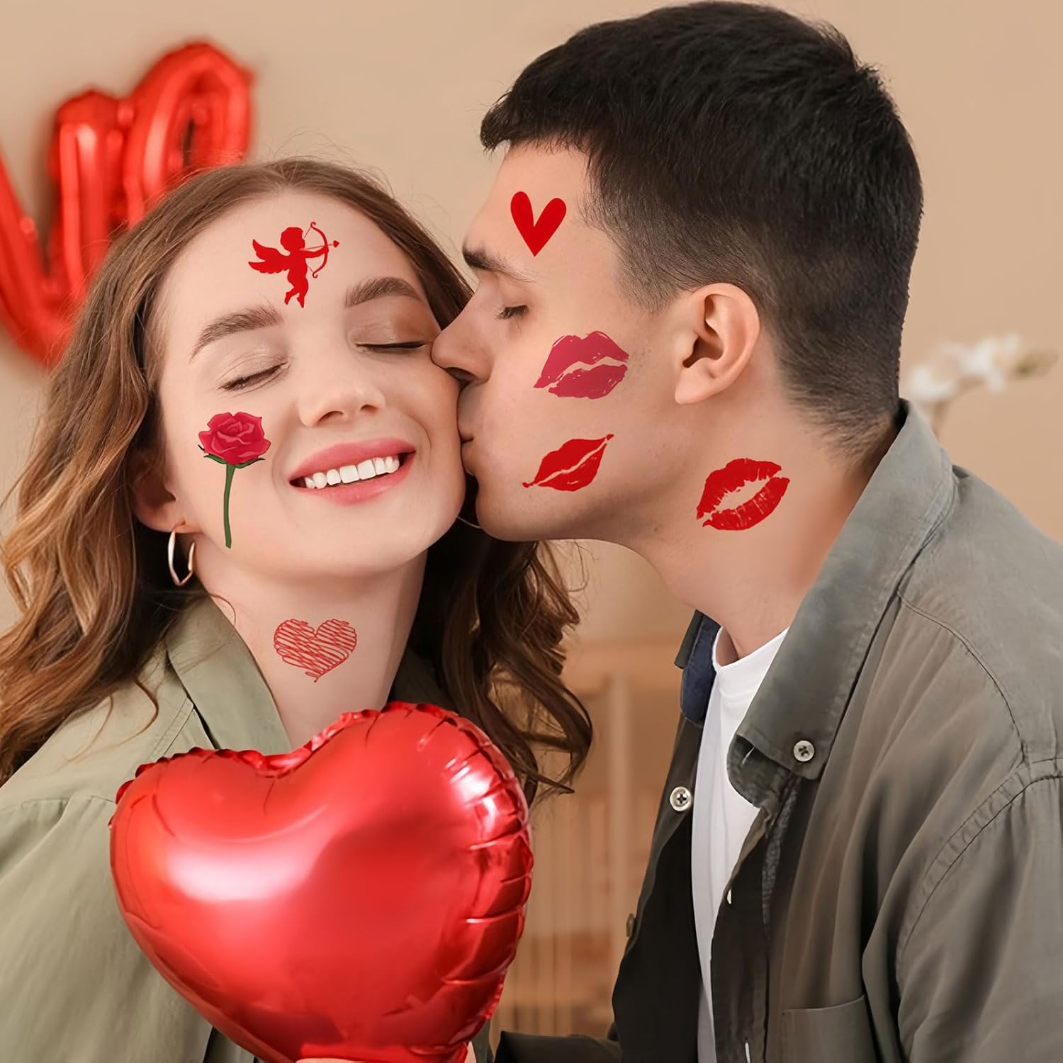 HATOTO Valentines Day Temporary Tattoo for Adult Kids, Red Heart Lip Fake Tattoos, Love Rose Line Hearts Tattoo Stickers, Semi Permanent Tattoo for Women Valentines Wedding Decoration 10 Sheets - Style 2 image number 3