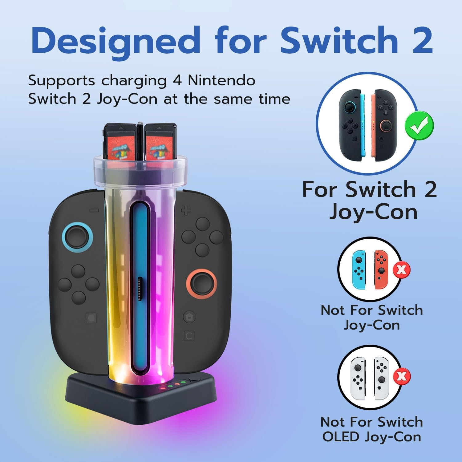 Mcbazel Joy Con Charging Dock Station for N-Switch 2-4X Controller Charger with Triple Safety Protection, RGB Ambient Lighting, 6 Game Card Slots & LED Indicators image number 1