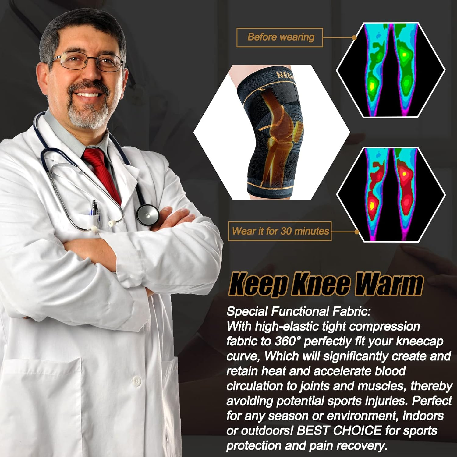 NEENCA Knee Braces for Knee Pain- 2 Pack Knee Sleeves for Pain Relief Set, Knee Compression Sleeves with Adjustable Straps for Best Fit, for Sports, Runner, Meniscus Tear, ACL, Arthritis, Joint Pain image number 5