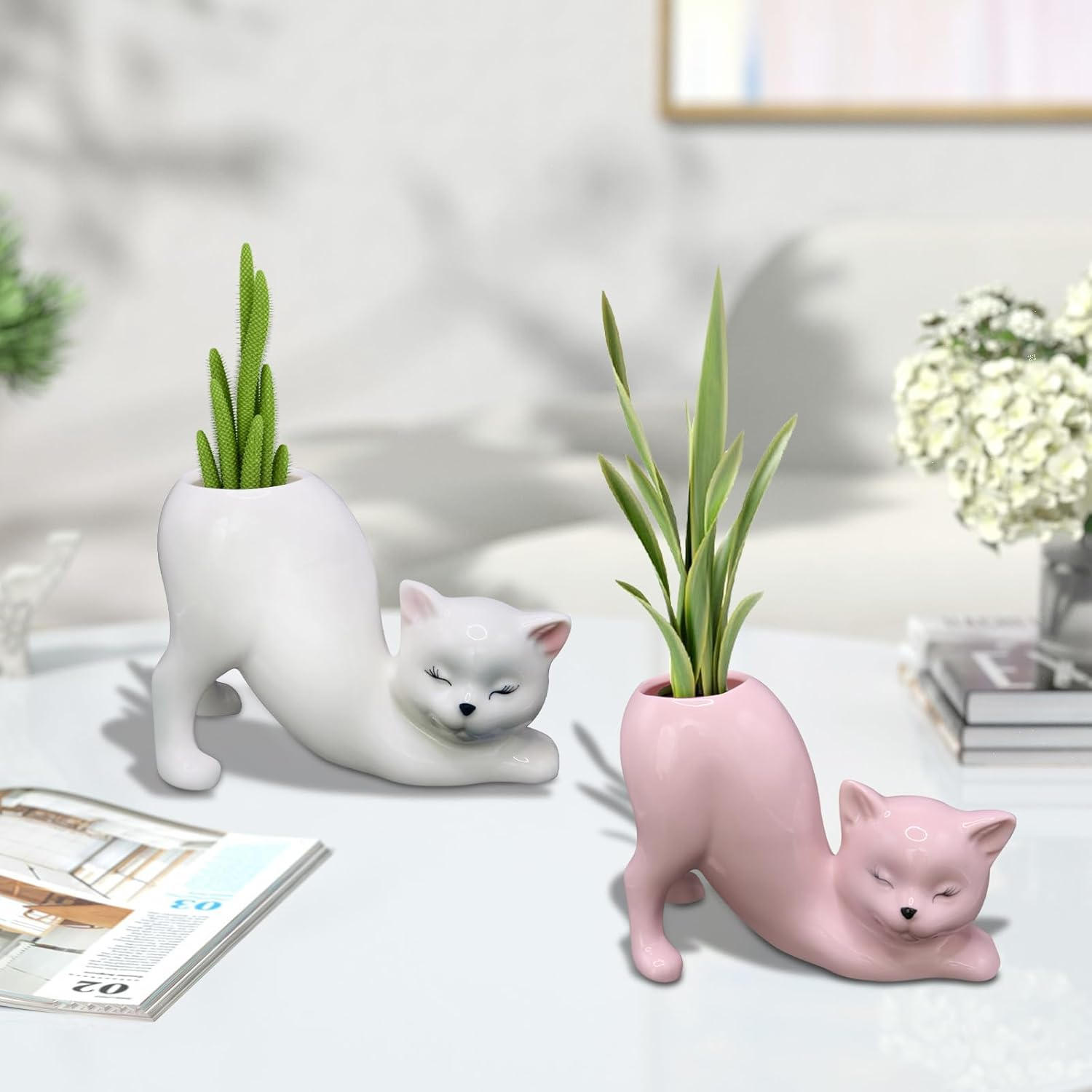 Tailless Cat Planter Pot, Unique Little Kitty Cactus Indoor Flower Pot, Ceramic Cute Animal Succulent Plant Pot, Novelty Flowerpot Ideal Gifts, Lovely Office Desk Room Home Decor (Pink) - Pink image number 2