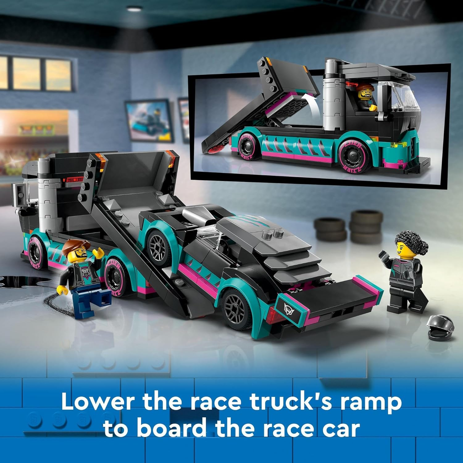 LEGO City Race Car and Car Carrier Truck Toy for 6+ Year Old Boys & Girls, Vehicle Building Set with Transporter Truck and Race Car Toys, plus 2 Minifigures, Kids' Construction Toys 60406 image number 4