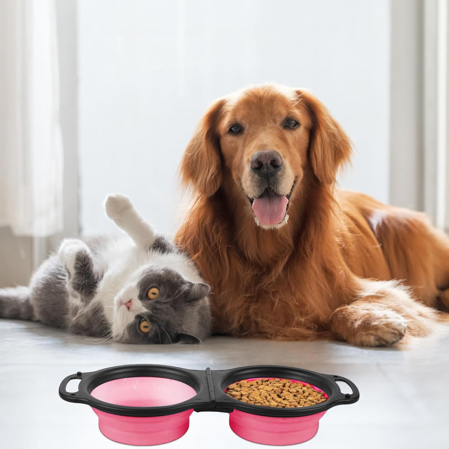 Collapsible Dog Food Water Bowl, 2 in 1 Silicone Double Bowl, Portable Travel Pet Feeder Bowl, Expandable Pets Bowl with Carabiner for Walking, Traveling, Hiking, Camping (Pink, Size-1) image number 3