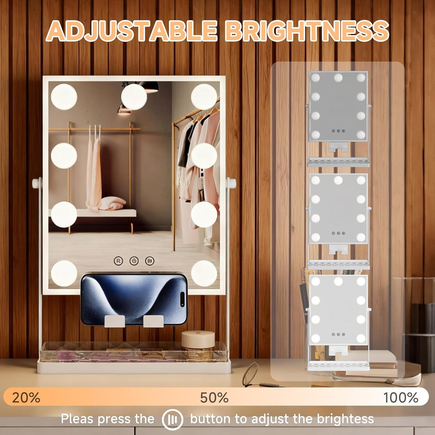 AOBOSI Vanity Mirror with Detachable 10X Magnifying Mirror, Hollywood Makeup Mirror with 9 Dimmable Bulbs, 3 Color Lights, Adjustable Brightness, 360&deg; Rotation, Storage Base & Phone Holder, White
