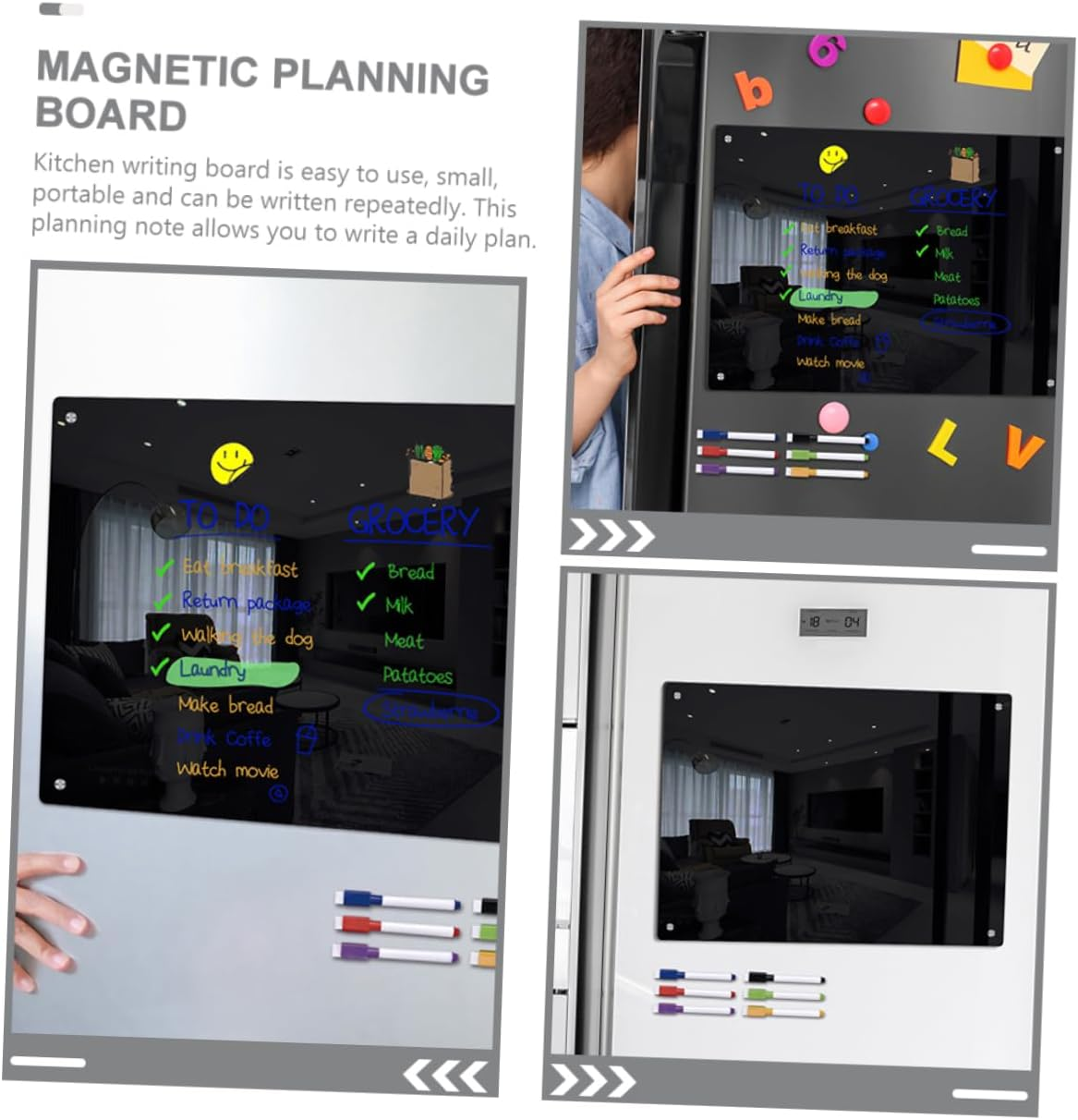 Operitacx Magnetic to Do List Board for Fridge Small A4 Black Acrylic Erasable Schedule Message Planning Board 6 Whiteboard Markers Refrigerator Organizer image number 4