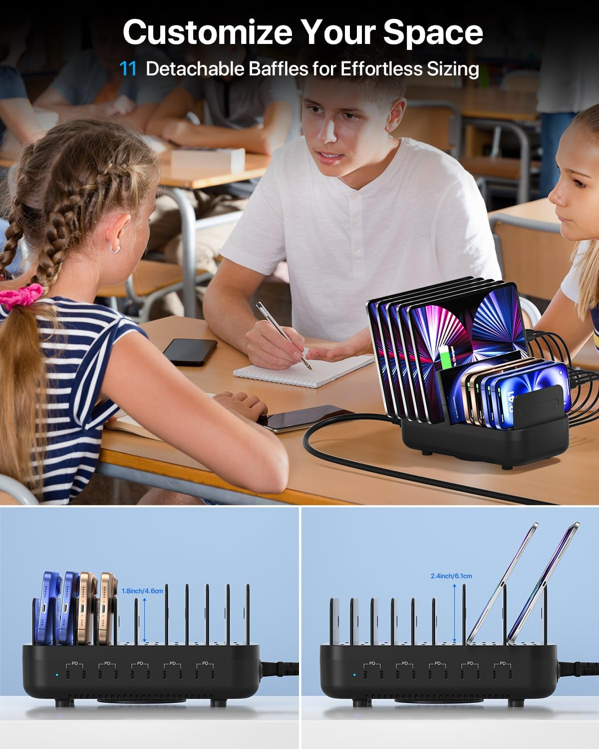 Soopii USB C Multi Charging Station,100W 10-Port Type C Fast Charger Station for Multiple Devices with Adjustable Dividers, Charger Organizer Compatible with Phone, Tablet,Kindle and More(Black) image number 5