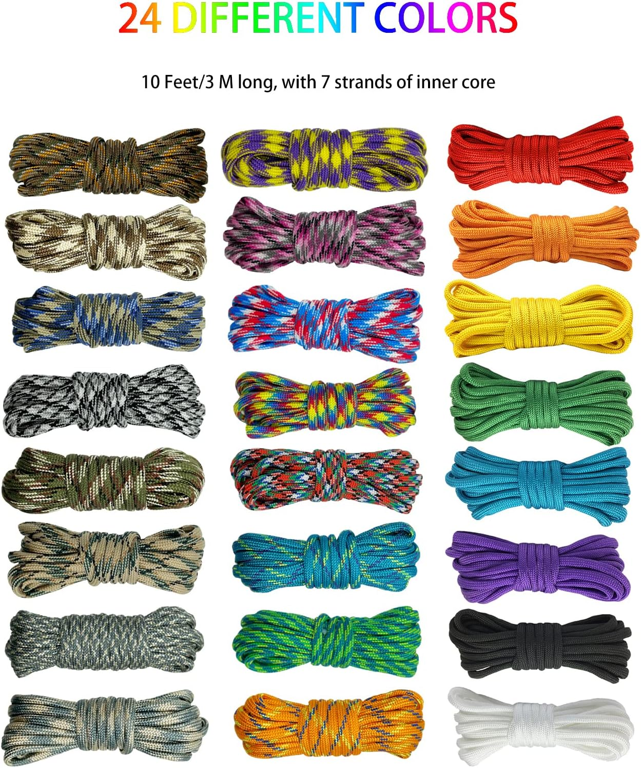 24 Colors 10 Feet Paracord Cord Multifunction Paracord Ropes 550Lb Survival Paracord Random Combo Crafting Kit, for Making Lanyard, Bracelet, Dog Collar, Idea for Gift image number 2