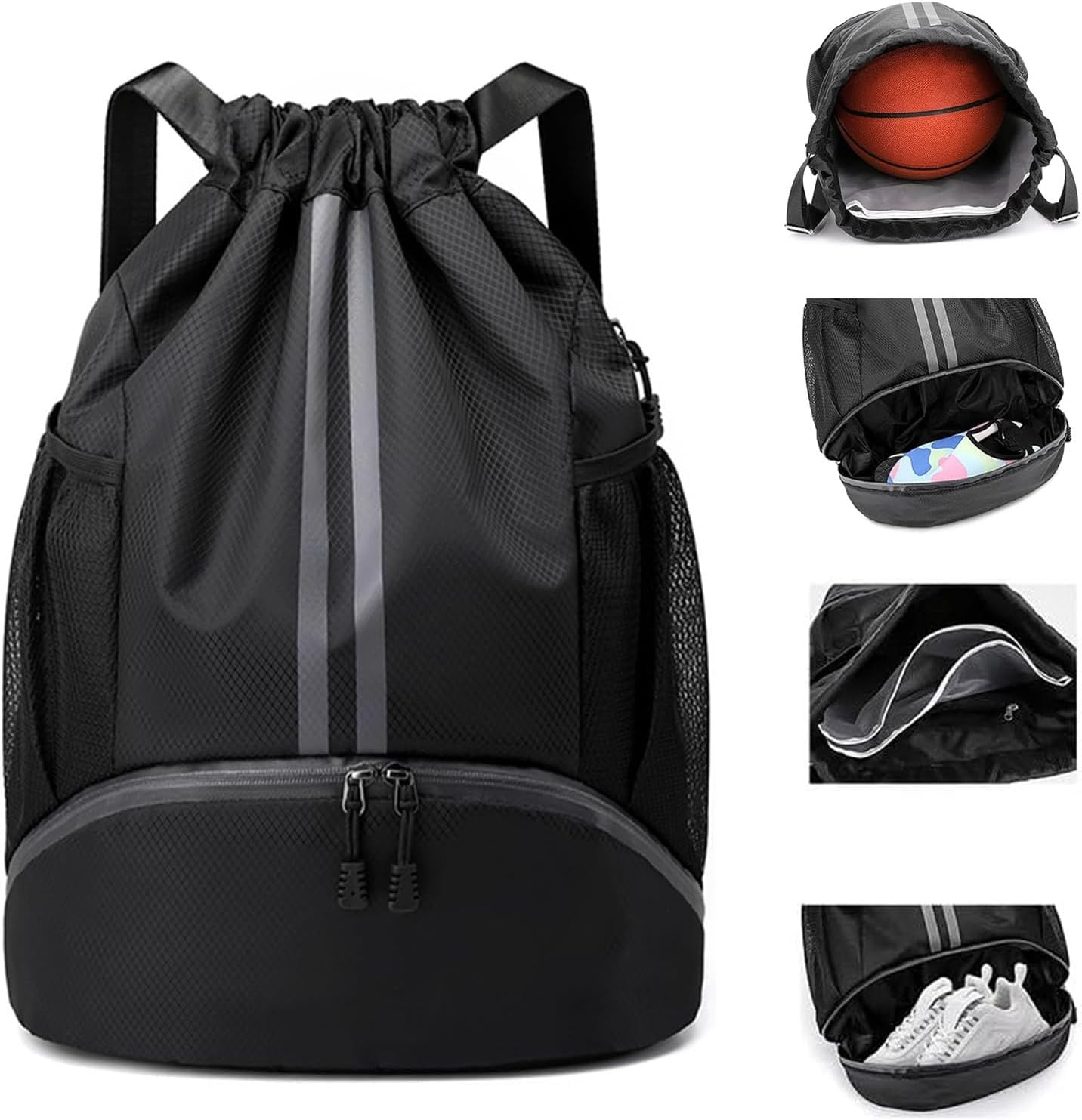 Sports Drawstring Backpack - String Swim Gym Bag for Women Men (Zipper/Shoe Compartment/Wet Pocket/Mesh/Water Resistant) Lightweight String Bag for Travel Soccer Swim, Black image number 2