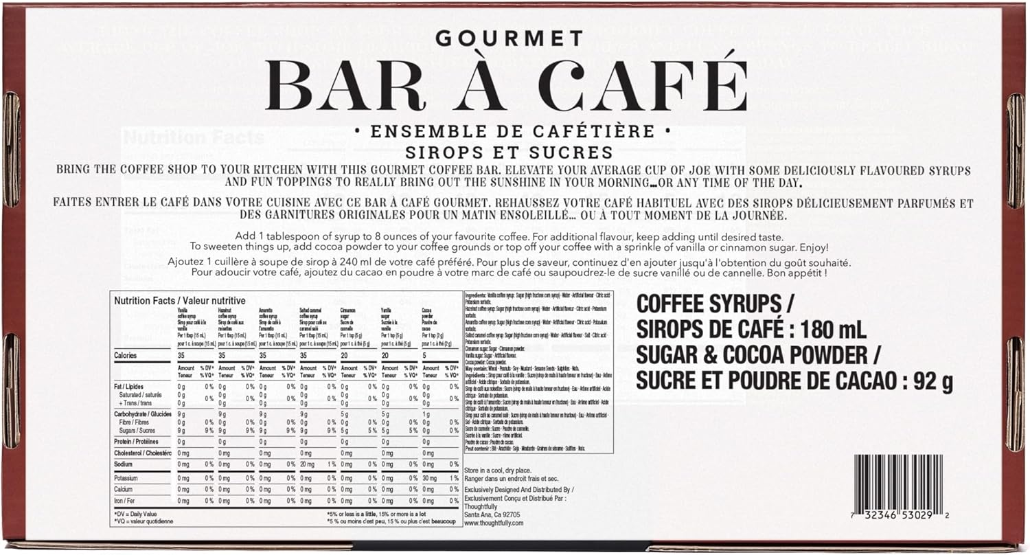 Thoughtfully Gourmet, Coffee Therapy Gift Set, Includes 4 Delicious Coffee Syrups, 2 Flavoured Sugars and 1 Cocoa Powder to Elevate Your Coffee