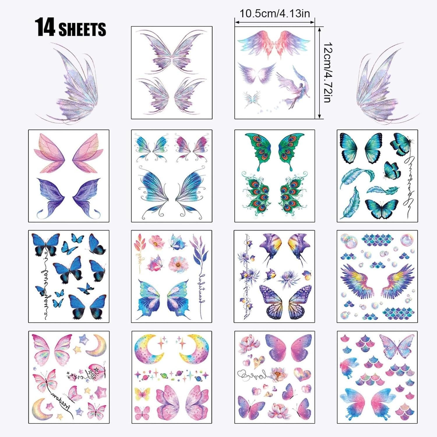 ITADAKU 14 Sheets Glitter Butterfly Tattoos Temporary Stickers Waterproof Butterfly Face Tattoo Glitter Fairy Wings Makeup Fake Tattoos for Girls Fairy Princess Party Birthday Party Favor Gifts image number 1
