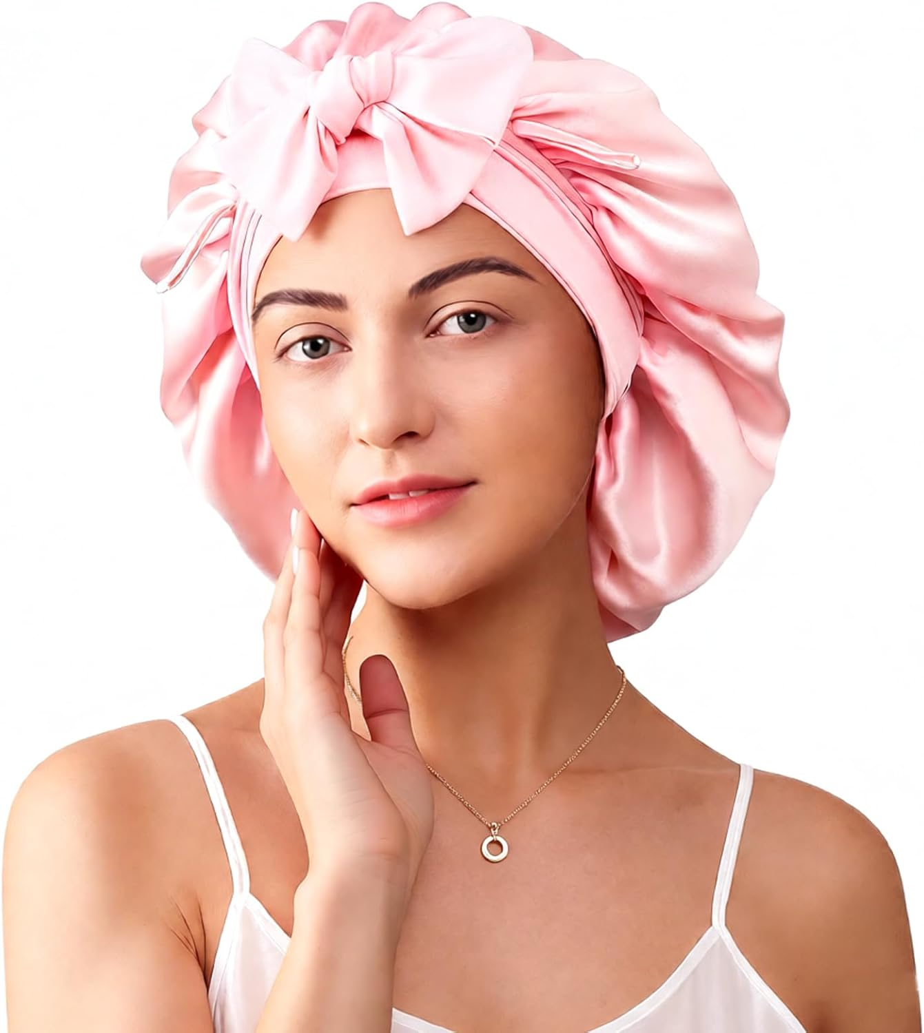 Areaphmet Silk Bonnet for Sleeping Women Adjustable Single Layer 100% Silk Hair Bonnet Reduce Friction Prevent Frizz for Natural Curly Hair-Pink