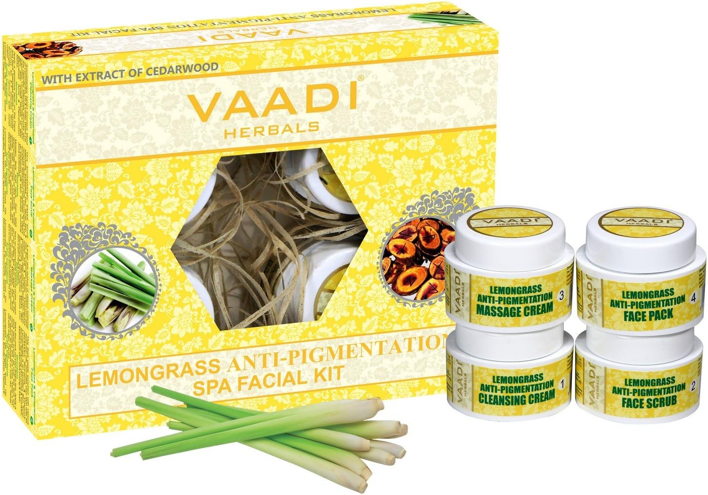 Vaadi Herbals Organic Facial Kit (Cleansing Cream + Face Scrub + Massage Cream + Face Pack ) - Lemongrass anti Pigmentation Spa Facial Kit with Cedarwood Extract - anti Aging Skin Care Acne Kit- Reduce Wrinkles under Eye Dark Circles - Sulfate Free - for Men Women All Skin Types - All Natural 70 Gms image number 4