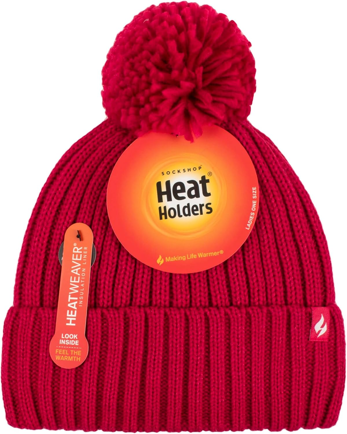 HEAT HOLDERS | Sockshop | Ladies Arden Thermal Ribbed Pom Pom Turn over Beanie | Winter Warmth | Women'S One Size Fits Most | Cerise image number 6
