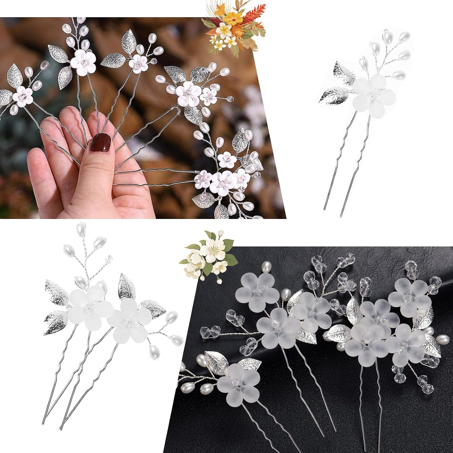 Bridal Wedding Flower Hair Pins Xlwen Pack of 5 Bridal Hair Accessories, U-Shaped Bridal Pearls Hair Pins, Hair Accessories, Wedding Set for Bride and Bridesmaid (Silver) image number 5