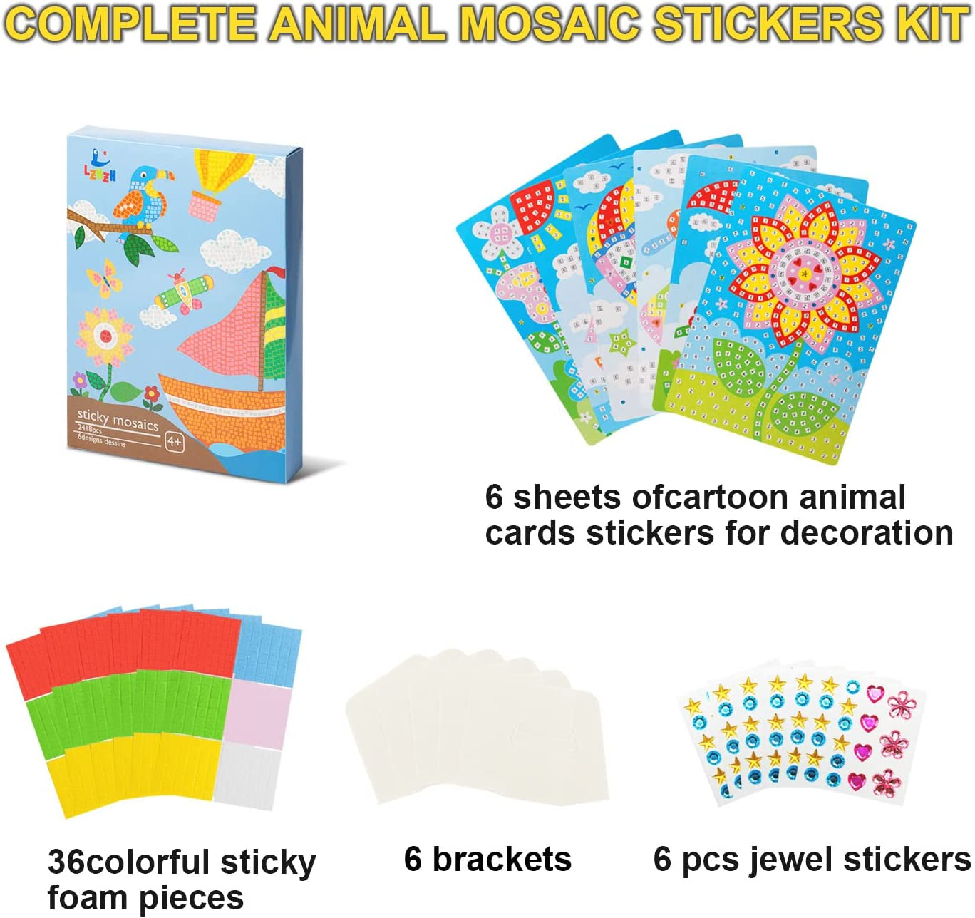 LZHZH Mosaic Sticker Art Sticky DIY Handmade Art Kits for Kids - Sunflower, Butterfly, Sailboat, Woodpecker, Hot Air Balloon, Airplane (6 Pack) (Handmade Art Kits for Kids) image number 1