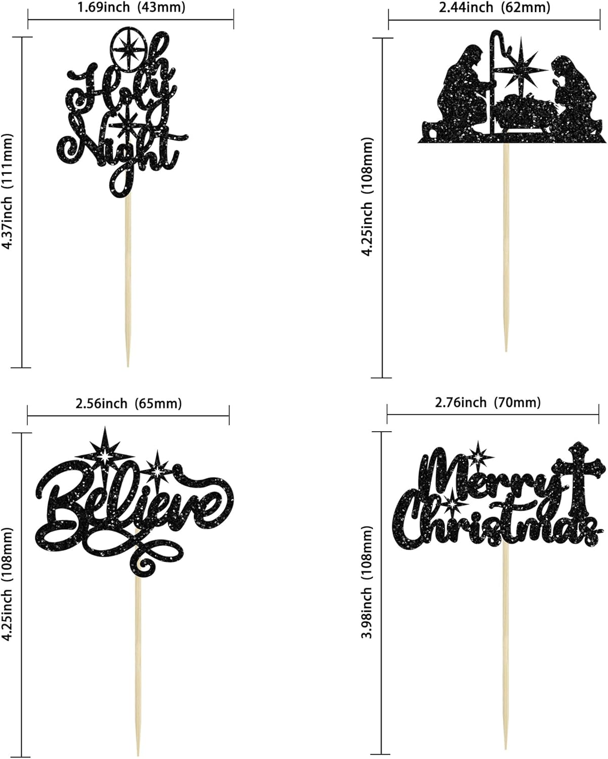 24Pcs Christmas Nativity Cupcake Toppers Glitter Holy Night Blessed Hope Believe Jesus Birthday Cupcake Picks for Nativity Scene Theme Merry Christmas Party Cake Decorations Supplies Black image number 4