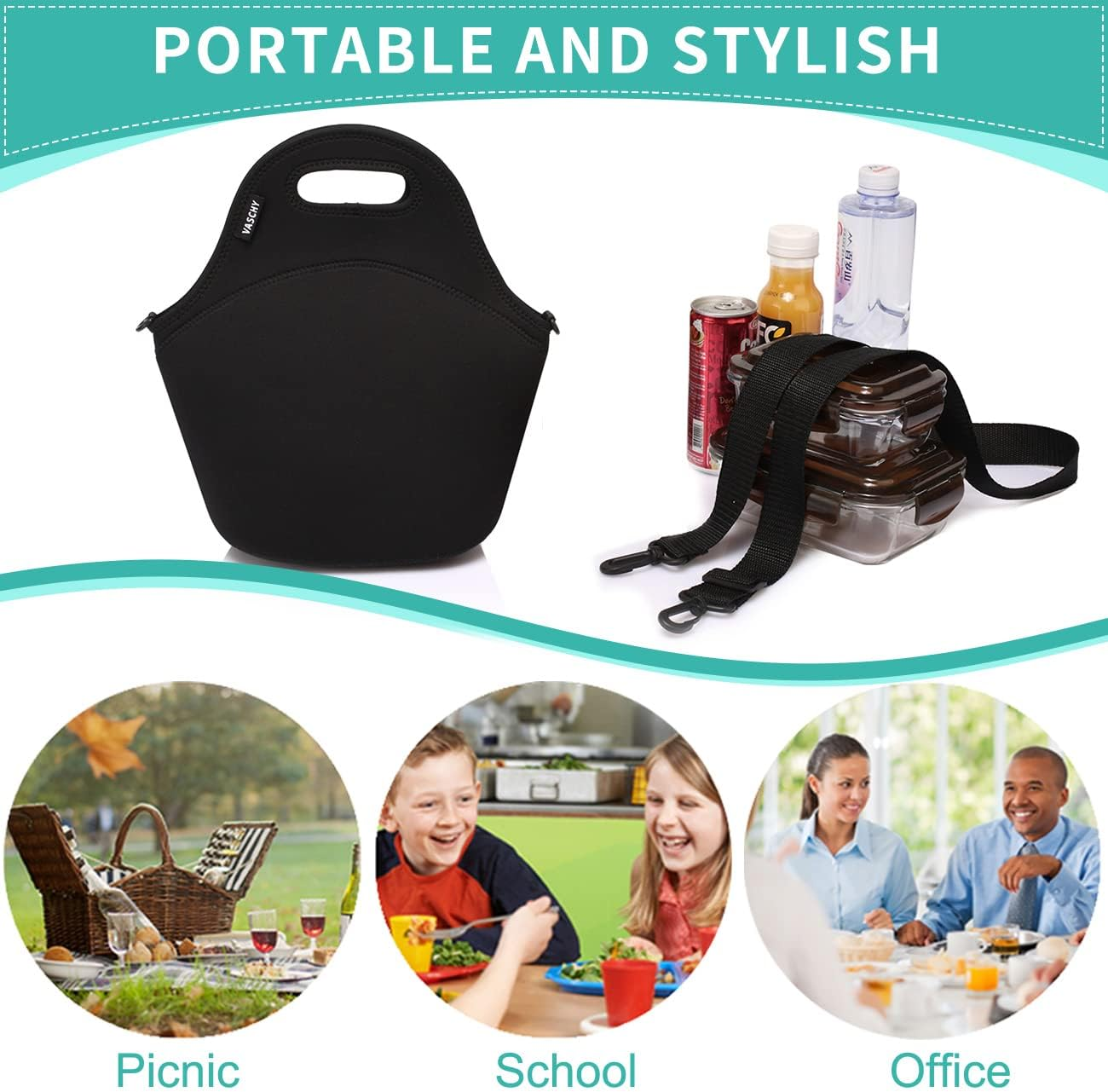 Lunch Bag for Women, Vaschy Big Girls' Neoprene Insulated Container Men Cooler Bag for Work, School, Picnic with Detachable Adjustable Shoulder Strap Classic Black image number 1