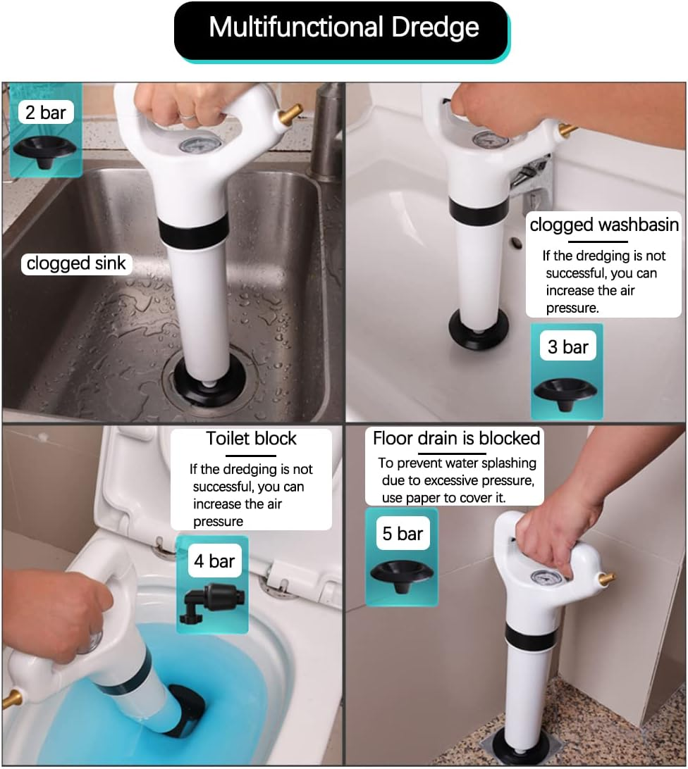 High Pressure Drain Plunger & 1 Claw Grabber Cleaner 1 Hair Clog Remover 1 Gloves 1 Pocket,Air Pump Auger Blaster for Kitchen,Bathroom,Bathtubs,Toilet,Floor,Sink,Clogged Pipe (Pump) image number 3