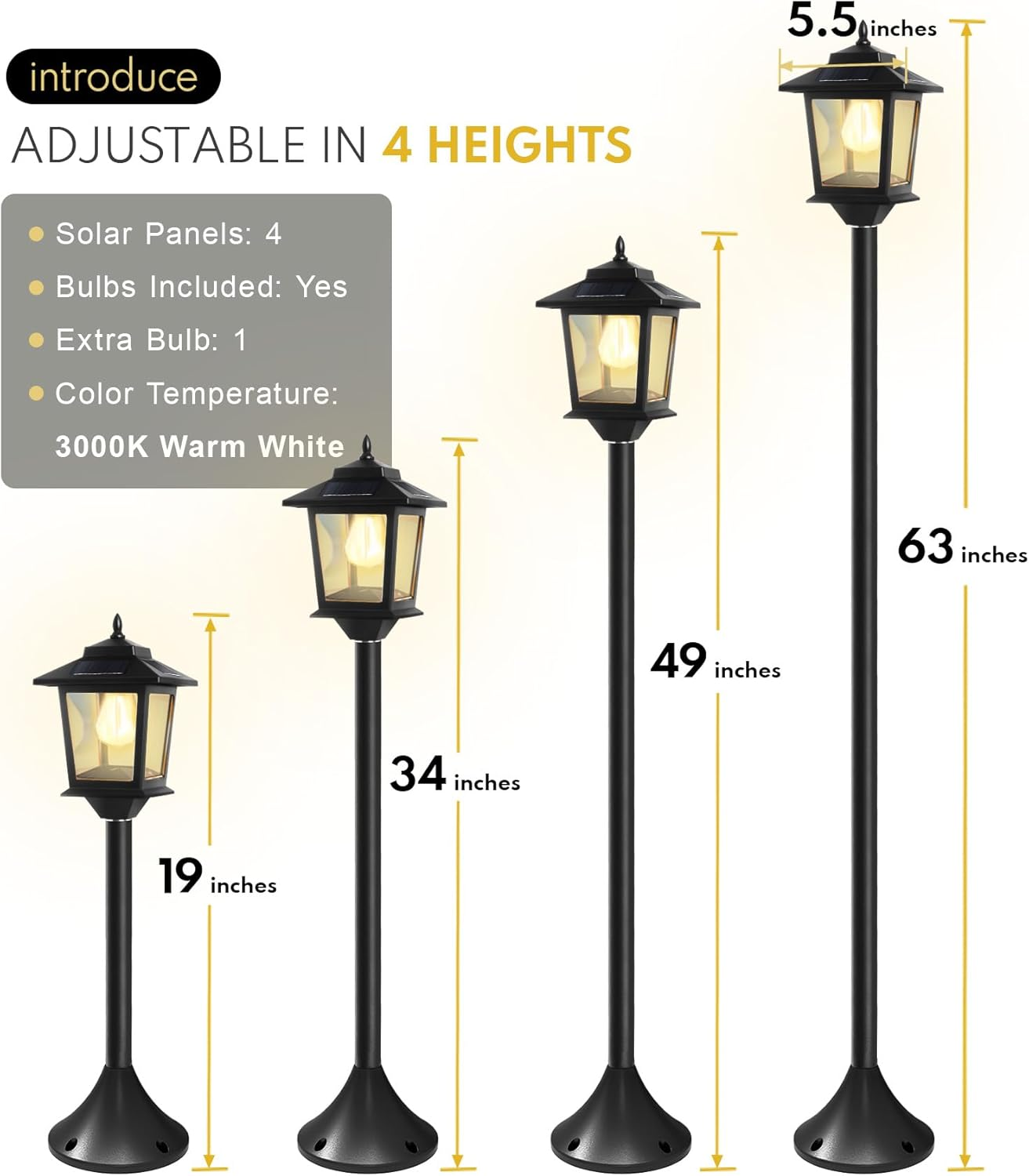 PASAMIC 63" Solar Lamp Post 2Pack, Outdoor Lights Waterproof, Pole Lights Outdoor, Floor Lamp for Patio, Warm White, Replaceable Bulb image number 6