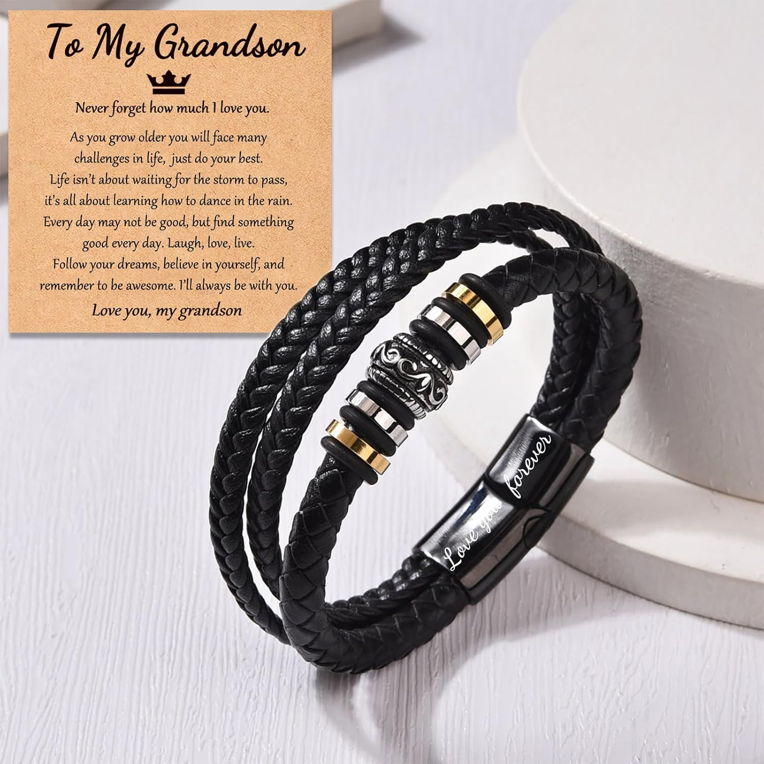 YSSHIN Grandson/Son/ Brother Bracelet, Grandson Gifts from Grandma, Brother Gifts from Sister Braided Leather Bracelet Gifts for Boys Men image number 4