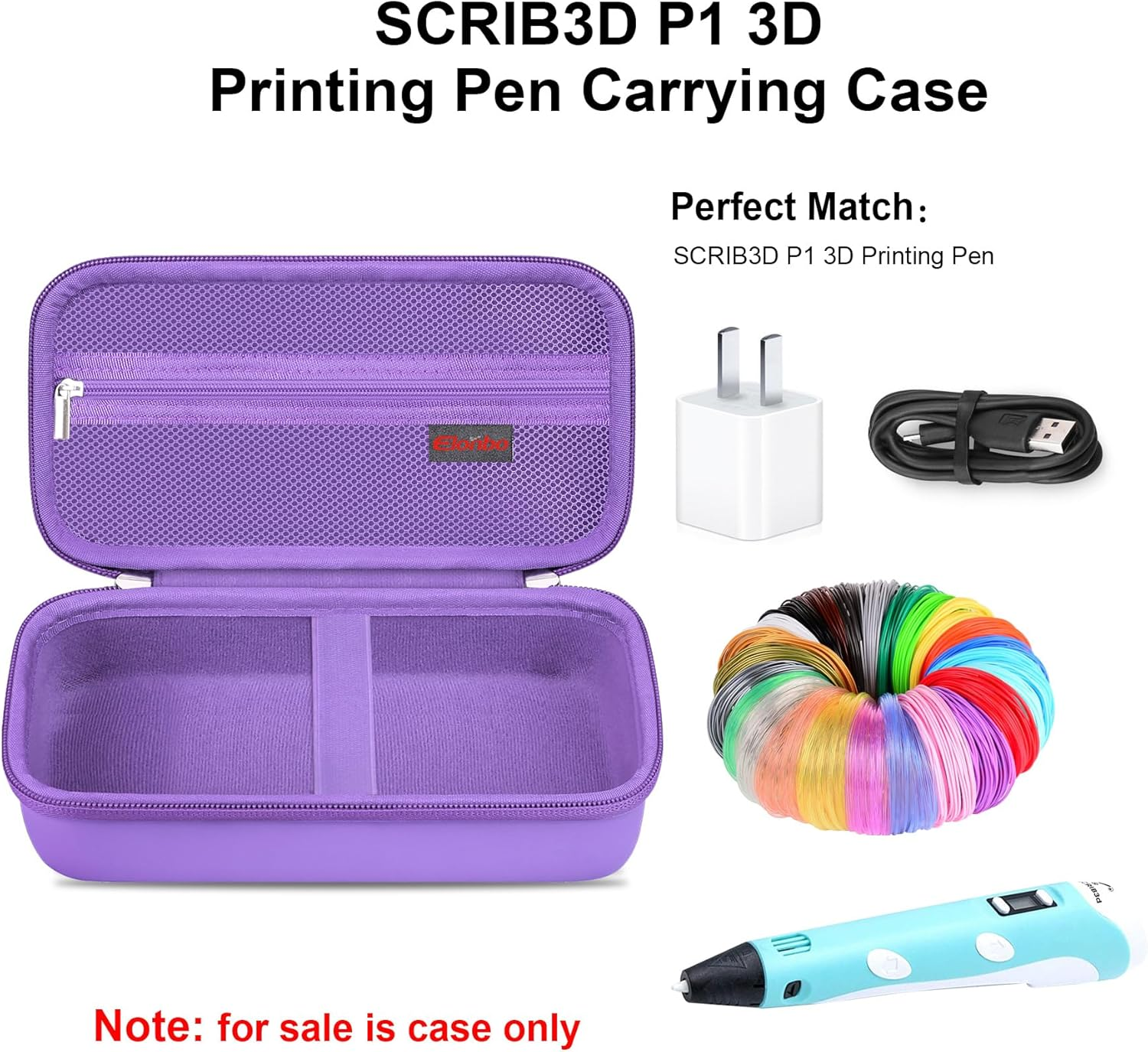 Elonbo Hard Case for SCRIB3D P1 3D Printing Pen/For 3Doodler 3D Pen Set for Kids, 3D Pen Case Travel Holder with Shoulder Strap, Mesh Pocket Fits Pen Filament, Charger and Cable, Purple (Case Only) image number 2