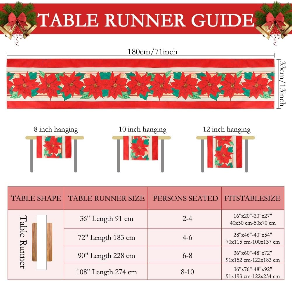 Christmas Table Runner Winter Christmas Table Runners Christmas Decorations Red Floral Table Runner Kitchen Dining Christmas Table Decoration for Christmas Xmas Holiday Home Party Decor 13X72 Inch image number 3