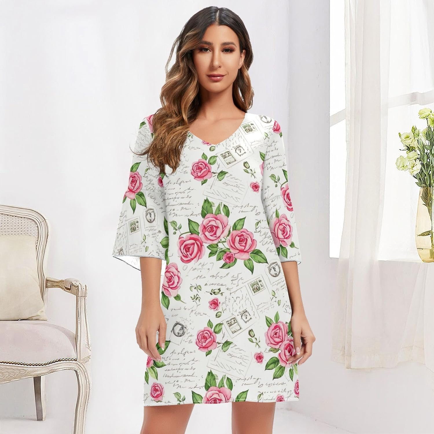 Vintage Postcards Chiffon V Neck Dress Printed Line Maternity Dress image number 4