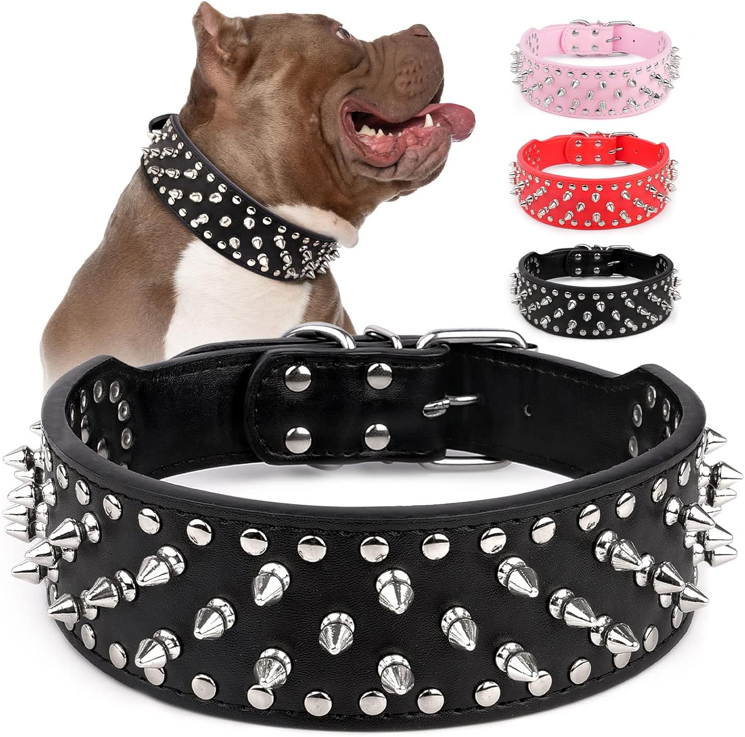 Epesiri Adjustable Wide Spiked Dog Collar, Mushroom Rivet PU Leather Cat Dog Collars, Durable Spike Studded Pet Collar for Small Medium Large Breed, Pitbull Mastiff Bulldog Pugs Husky Rottweiler, Pink